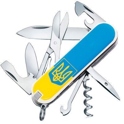 Нож складной, мультитул Victorinox Climber Ukraine Герб (91мм, 14 функций), желто-голубой 1.3703.7R3 ― fonarik.in.ua