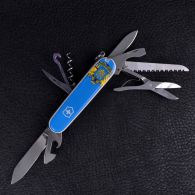 Нож складной, мультитул Victorinox Huntsman Ukraine Герб (91мм, 15 функций), бело-голубой 1.3713.7R6